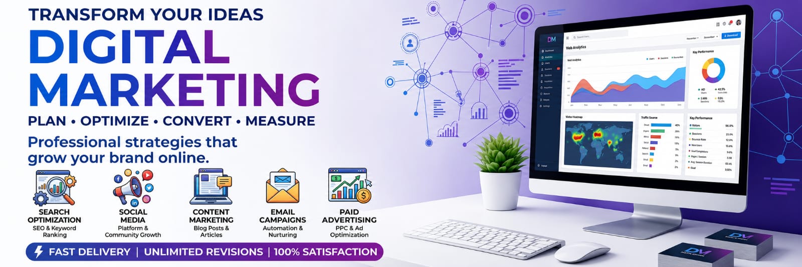 Professional digital marketing banner showing SEO, social media marketing, content marketing, email campaigns, paid advertising, and analytics dashboard on a desktop screen.