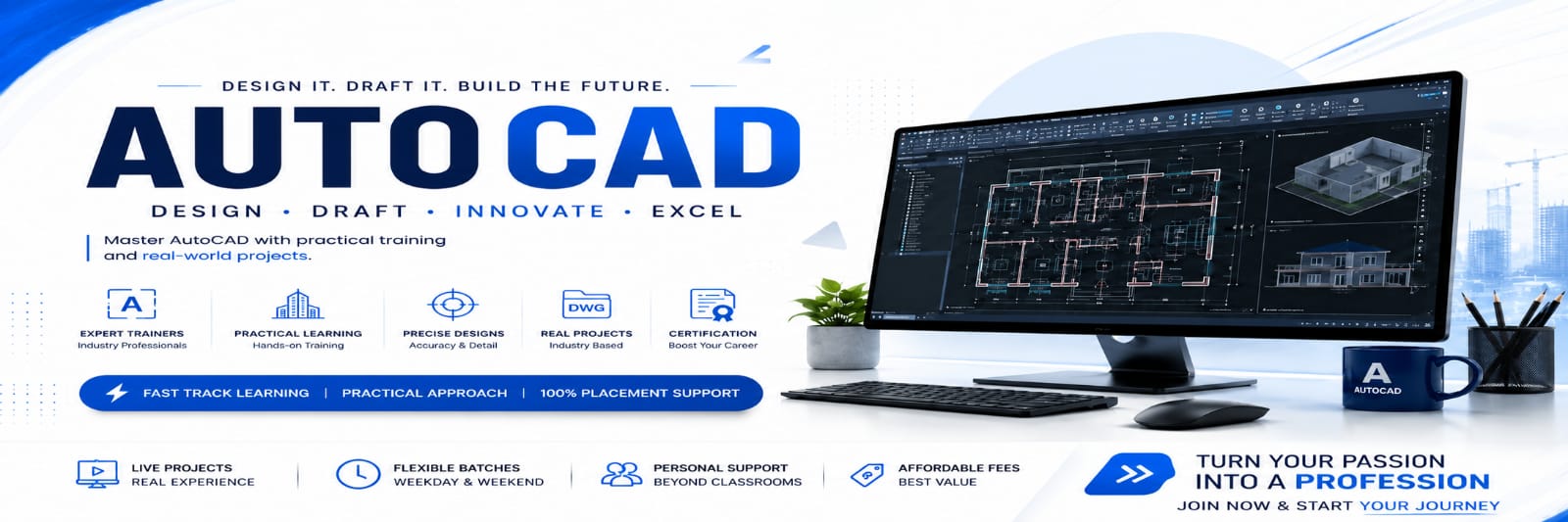 AutoCAD Training Institute in Indore offering practical CAD training, 2D drafting, 3D modeling, live projects, certification, and placement support