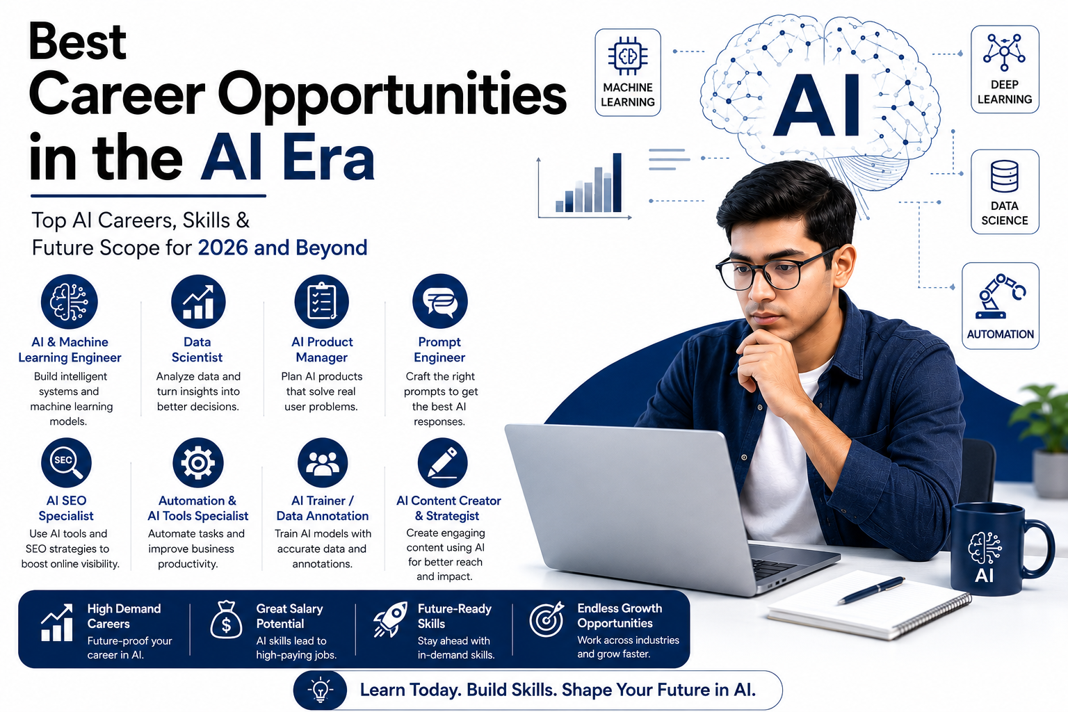 Professional infographic showing the best career opportunities in the AI era, including AI Engineer, Data Scientist, Prompt Engineer, AI SEO Specialist, AI Product Manager, Automation Specialist, AI Trainer, and AI Content Creator with a student using a laptop and AI technology background.