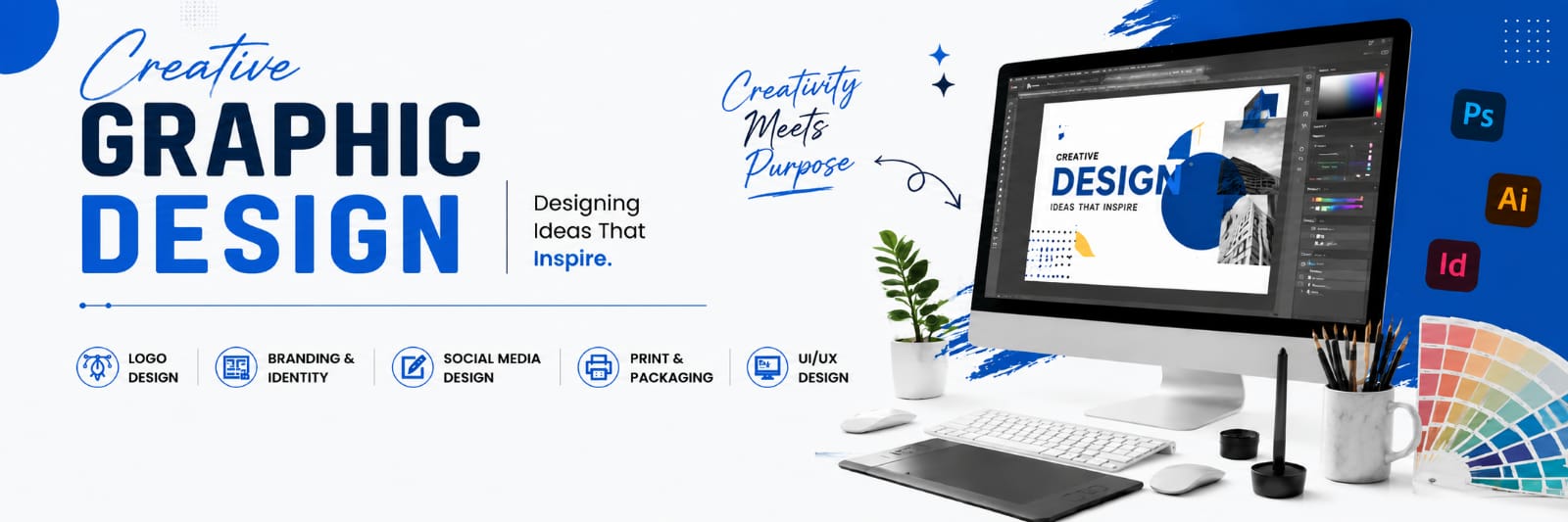 Creative graphic design promotional banner showcasing logo design, branding, social media design, print and packaging, and UI/UX design services with a desktop workspace and Adobe Creative Suite.
