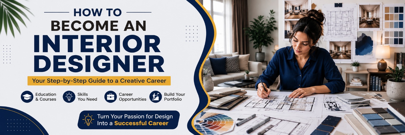 A professional banner of how to become an an interior designer working on floor plans with the title "How to Become an Interior Designer" in a modern dark blue design.