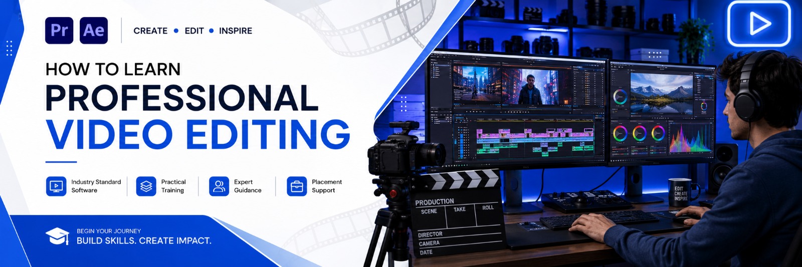 Professional video editing studio with dual monitors displaying Adobe Premiere Pro editing timeline, motion graphics, and color grading, representing how to learn professional video editing through a video editing course with placement in Indore at Tech Cluster Designwala.