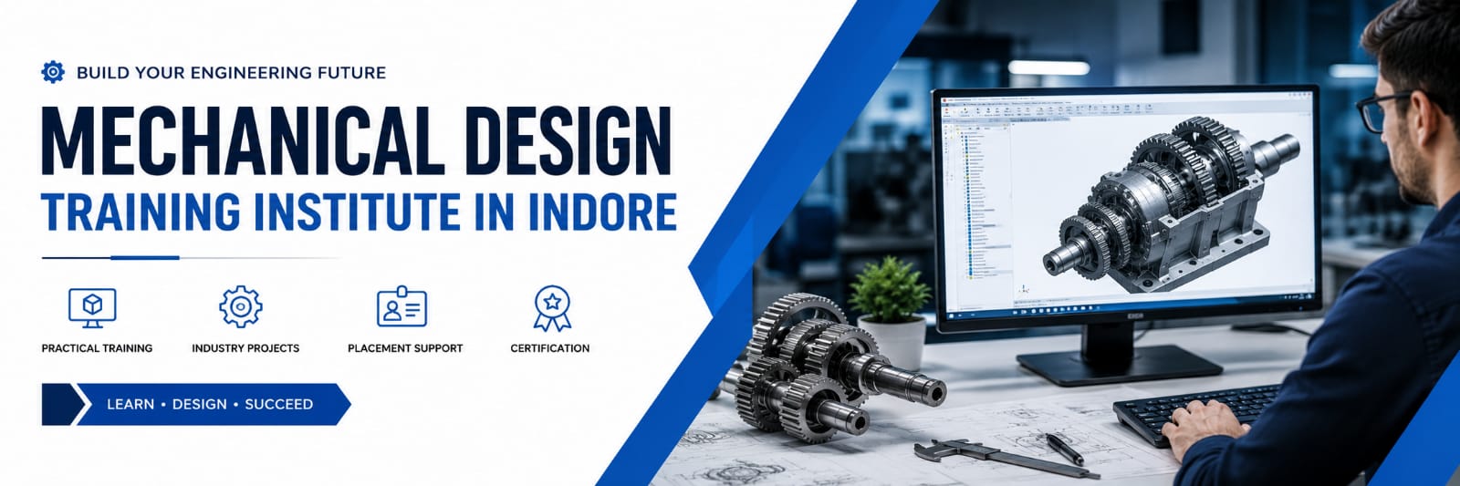 Mechanical Design Training Institute in Indore offering AutoCAD, SolidWorks, CATIA, Creo, and ANSYS training with practical projects and placement support at Tech Cluster Designwala.