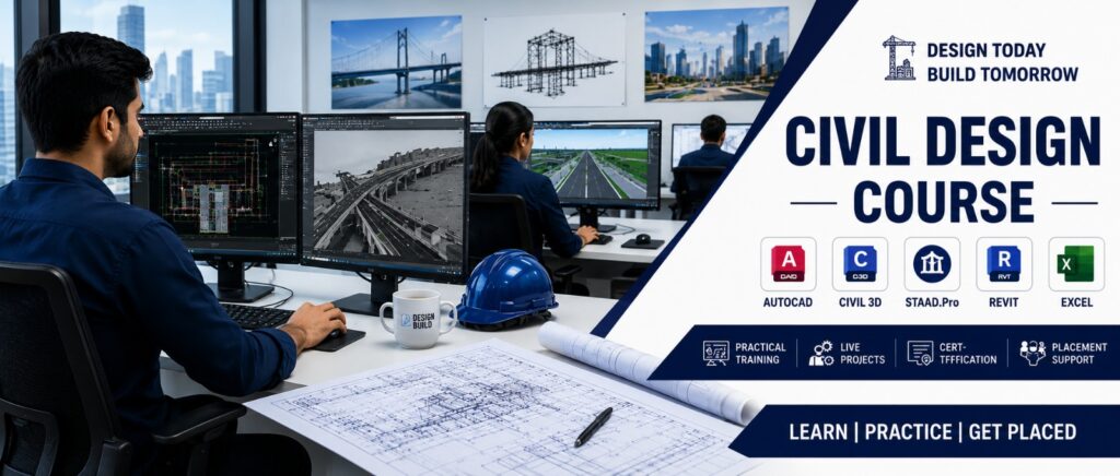 Civil Design course students learning AutoCAD and Civil 3D software in a modern training lab