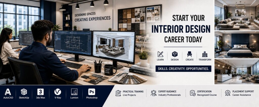 Interior design students learning AutoCAD and SketchUp while creating modern residential and commercial interior designs.
