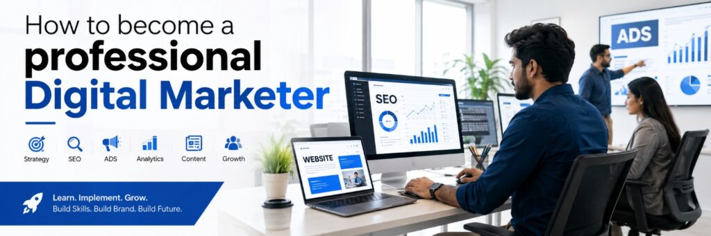 Premium digital marketing studio with marketers working on SEO, ads, social media, content, and analytics