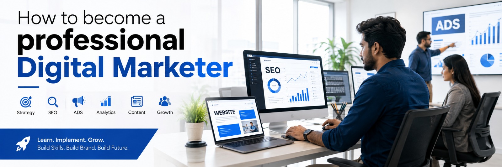 Premium digital marketing studio with marketers working on SEO, ads, social media, content, and analytics