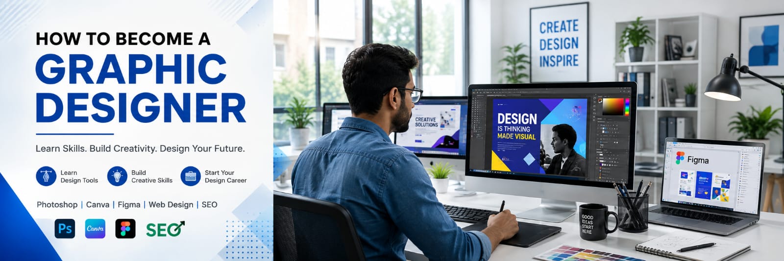 How to become a graphic designer through practical graphic design course training with Photoshop, Canva and Figma