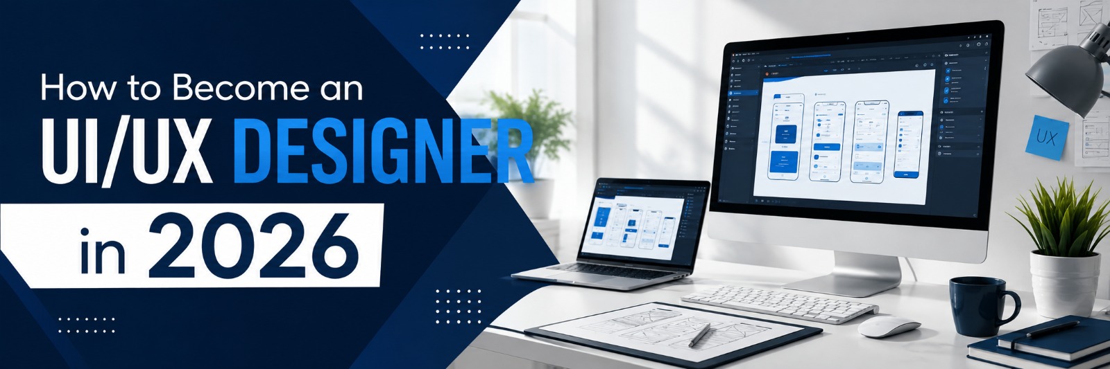 How to Become a UI/UX Designer in 2026, featuring a modern design workspace with UI wireframes displayed on computer screens.